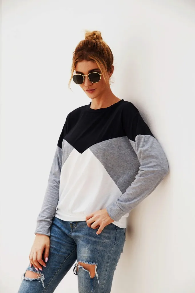 Color Block Round Neck Long Sleeve Top