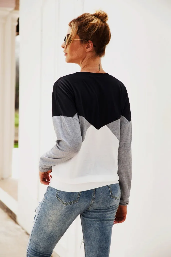 Color Block Round Neck Long Sleeve Top