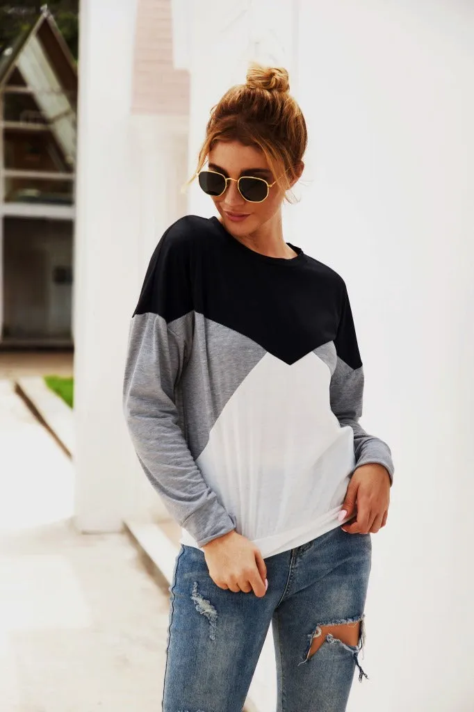Color Block Round Neck Long Sleeve Top