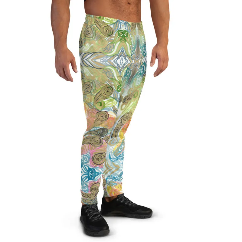 Colorful Waves Men's Joggers, Japanese Wavy Abstract Premium Slim Fit Sweatpants-Made in EU