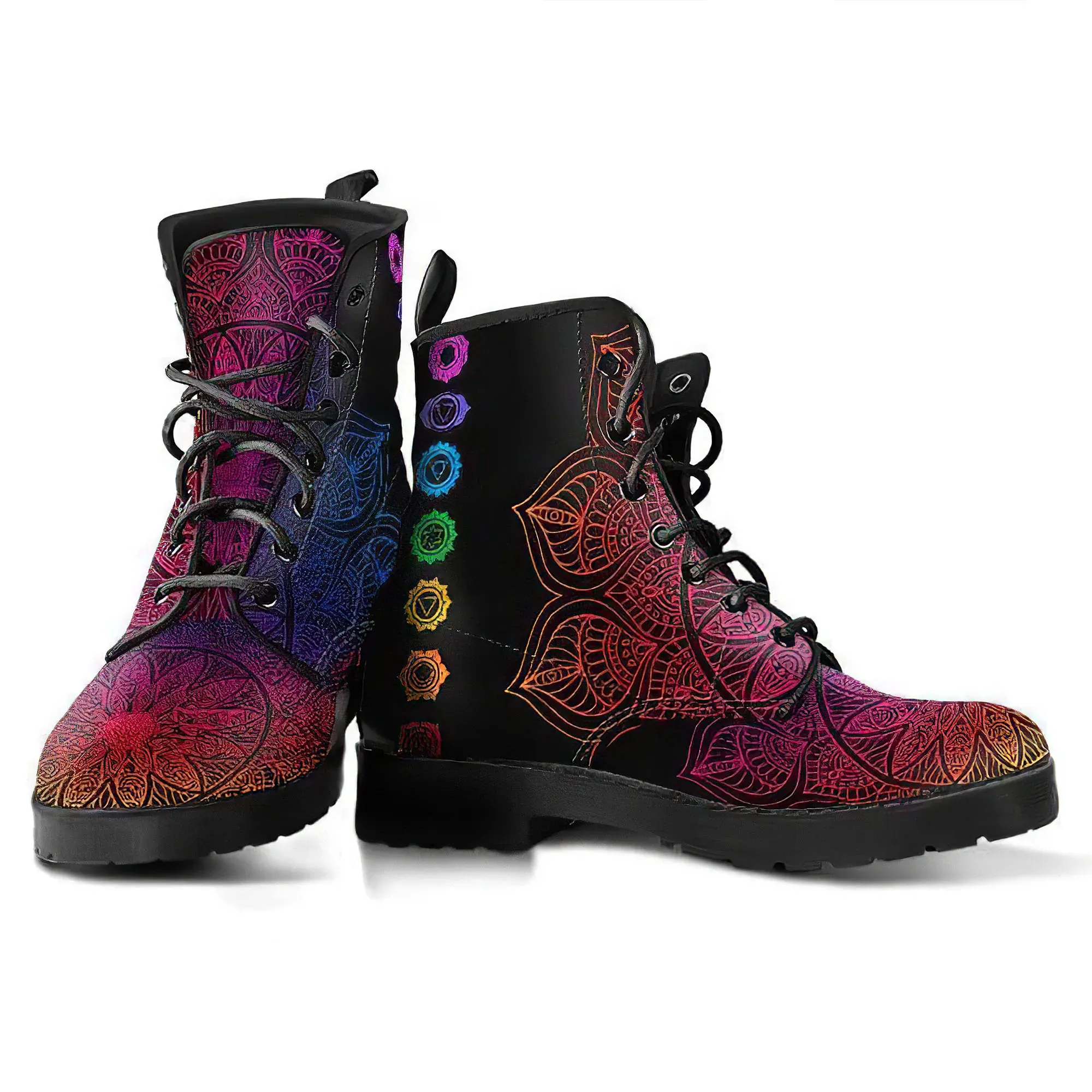 Combat Boots for Women - Chakra Handcrafted Boots | Unique Custom Faux Leather Shoes, Cruelty-free Vegan Handmade Lace Up