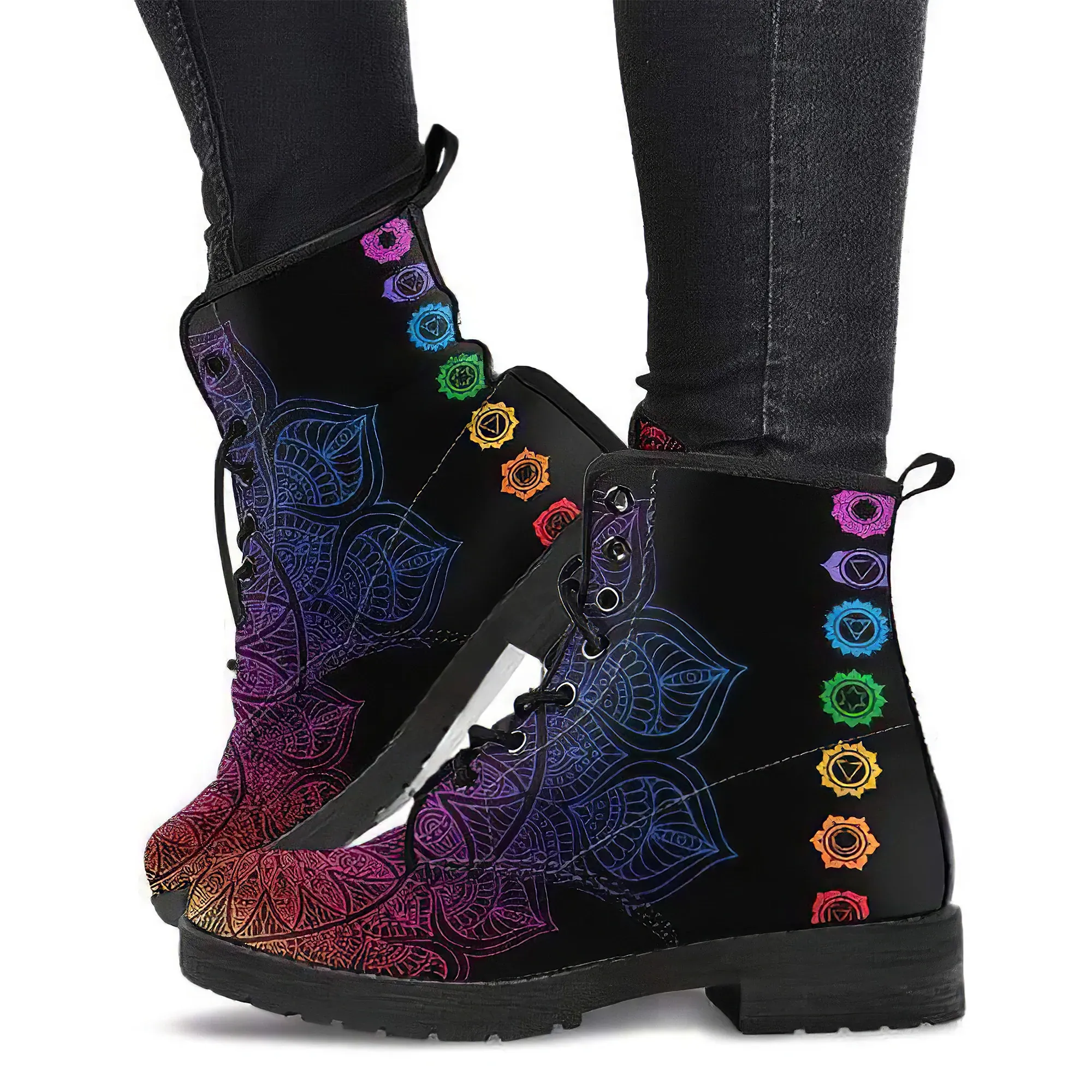 Combat Boots for Women - Chakra Handcrafted Boots | Unique Custom Faux Leather Shoes, Cruelty-free Vegan Handmade Lace Up