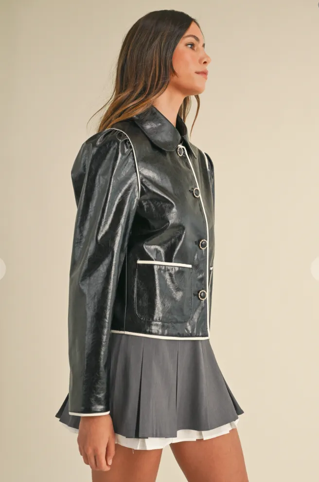 Contrast Pipping Collared Faux Leather Jacket