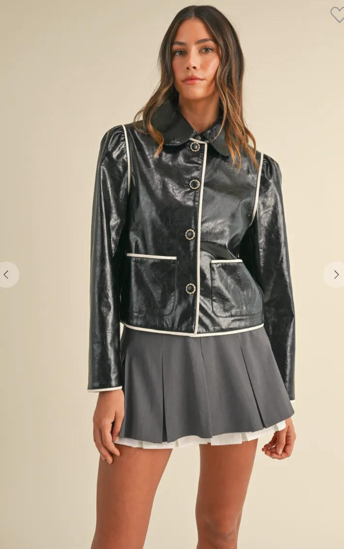 Contrast Pipping Collared Faux Leather Jacket