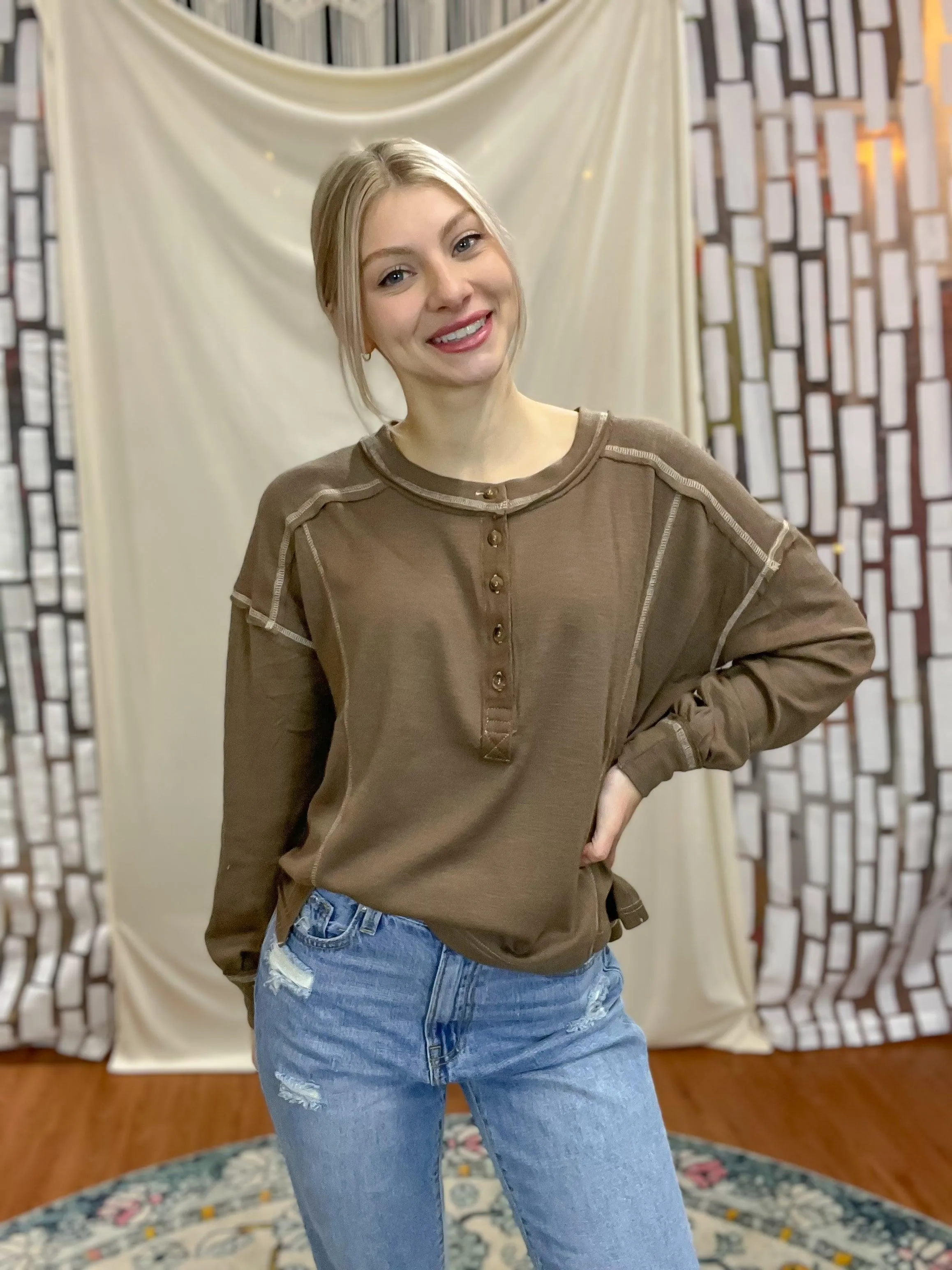 Contrast Stitch Long Sleeve Henley Knit Top