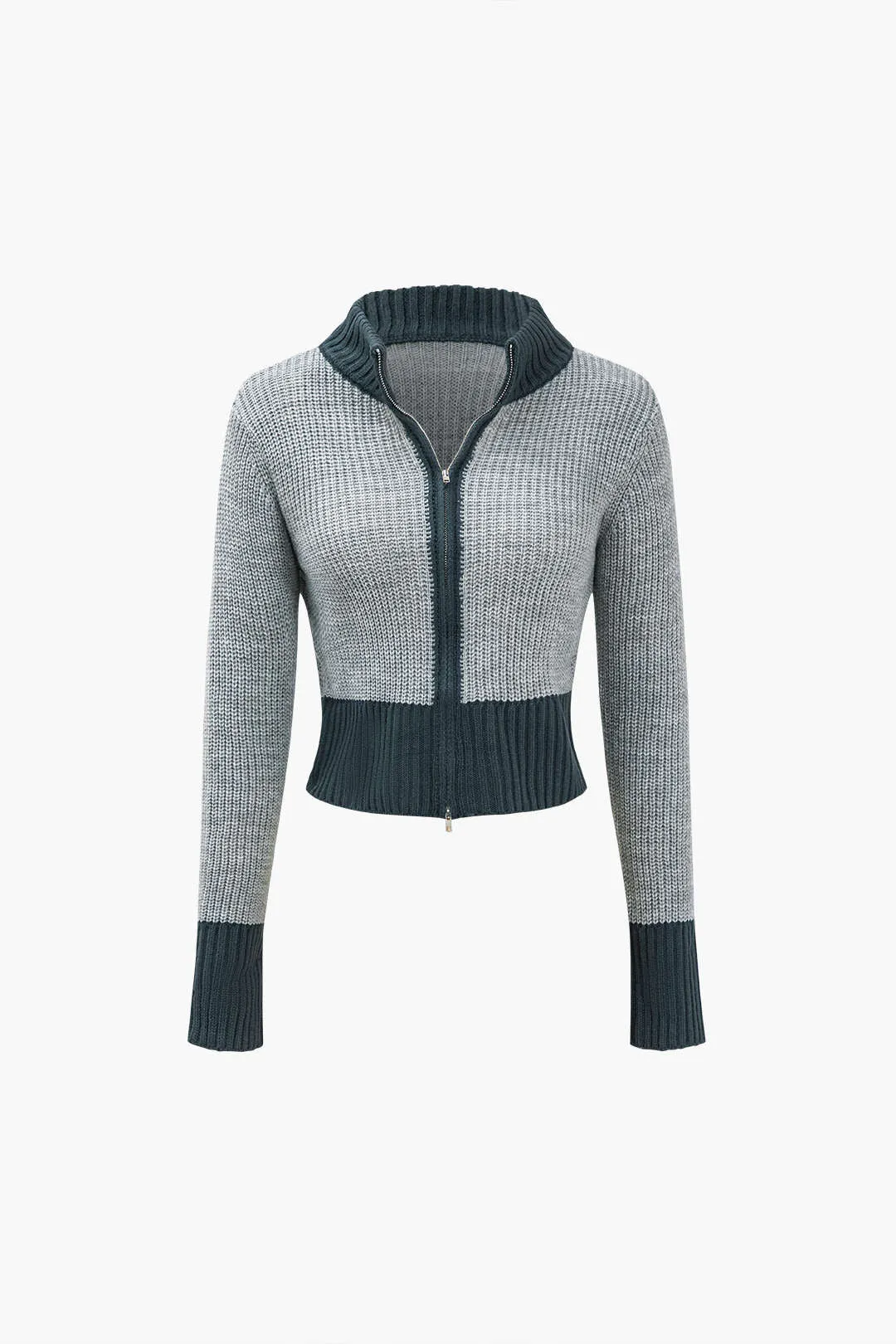 Contrast Zip-Up Knit Sweater And Shorts Set