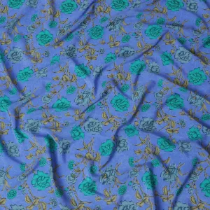 Cornflower blue Premium pure silk crepe fabric with multicolor print in floral design-D17197