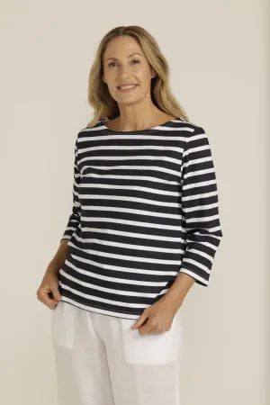 Cotton Boatneck 3/4 Sleeve Tee White/Navy