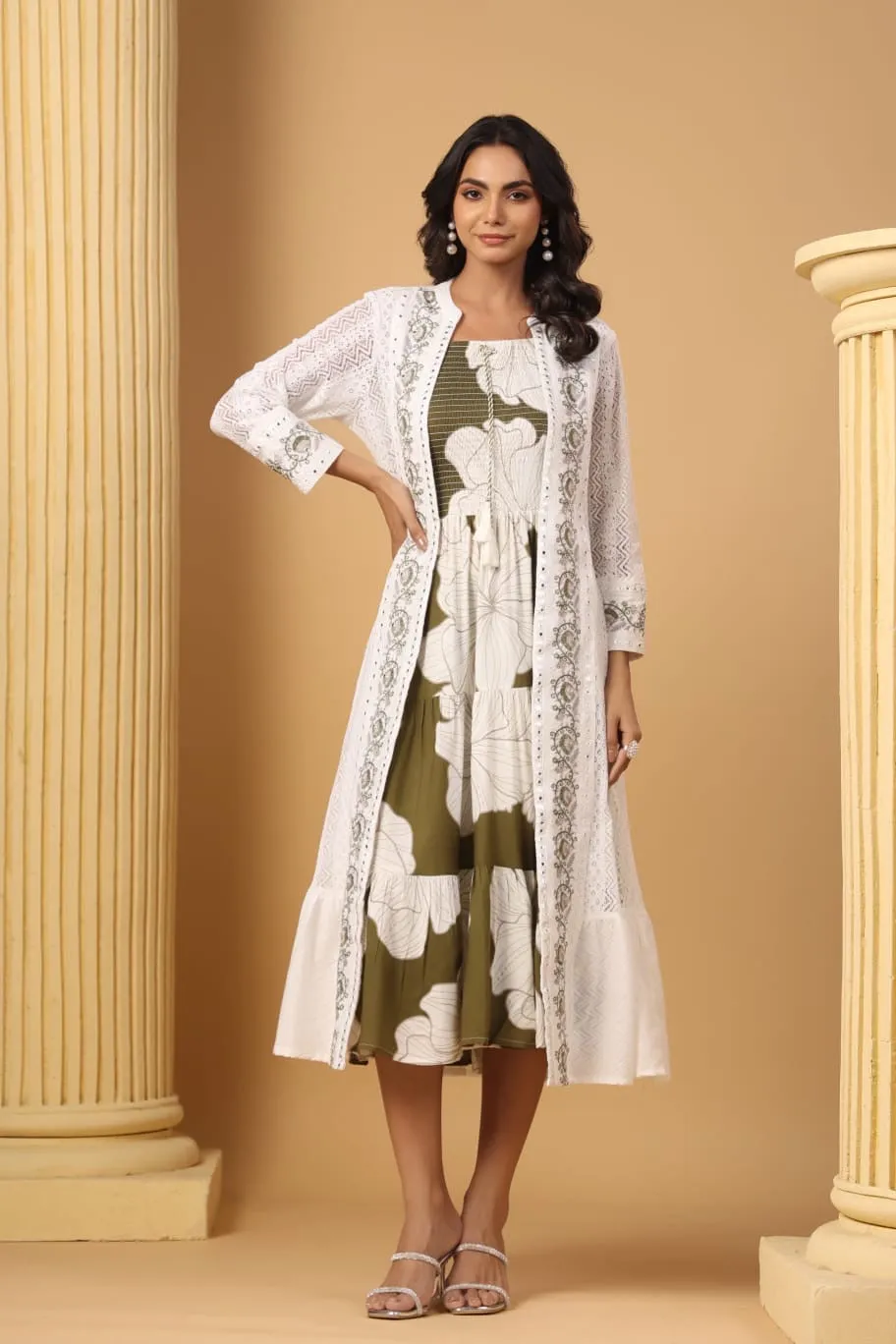 Cotton Floral Sciffili Long Shrug Dress