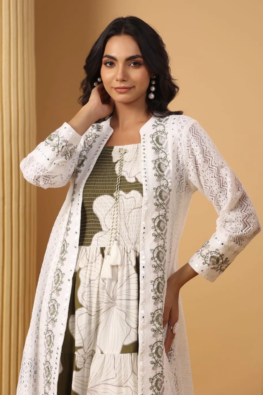 Cotton Floral Sciffili Long Shrug Dress