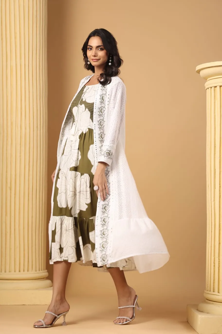 Cotton Floral Sciffili Long Shrug Dress