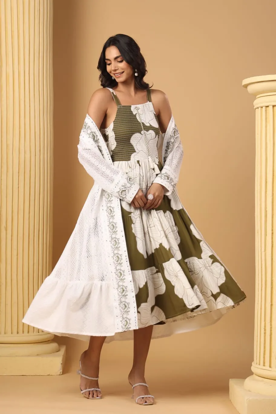 Cotton Floral Sciffili Long Shrug Dress