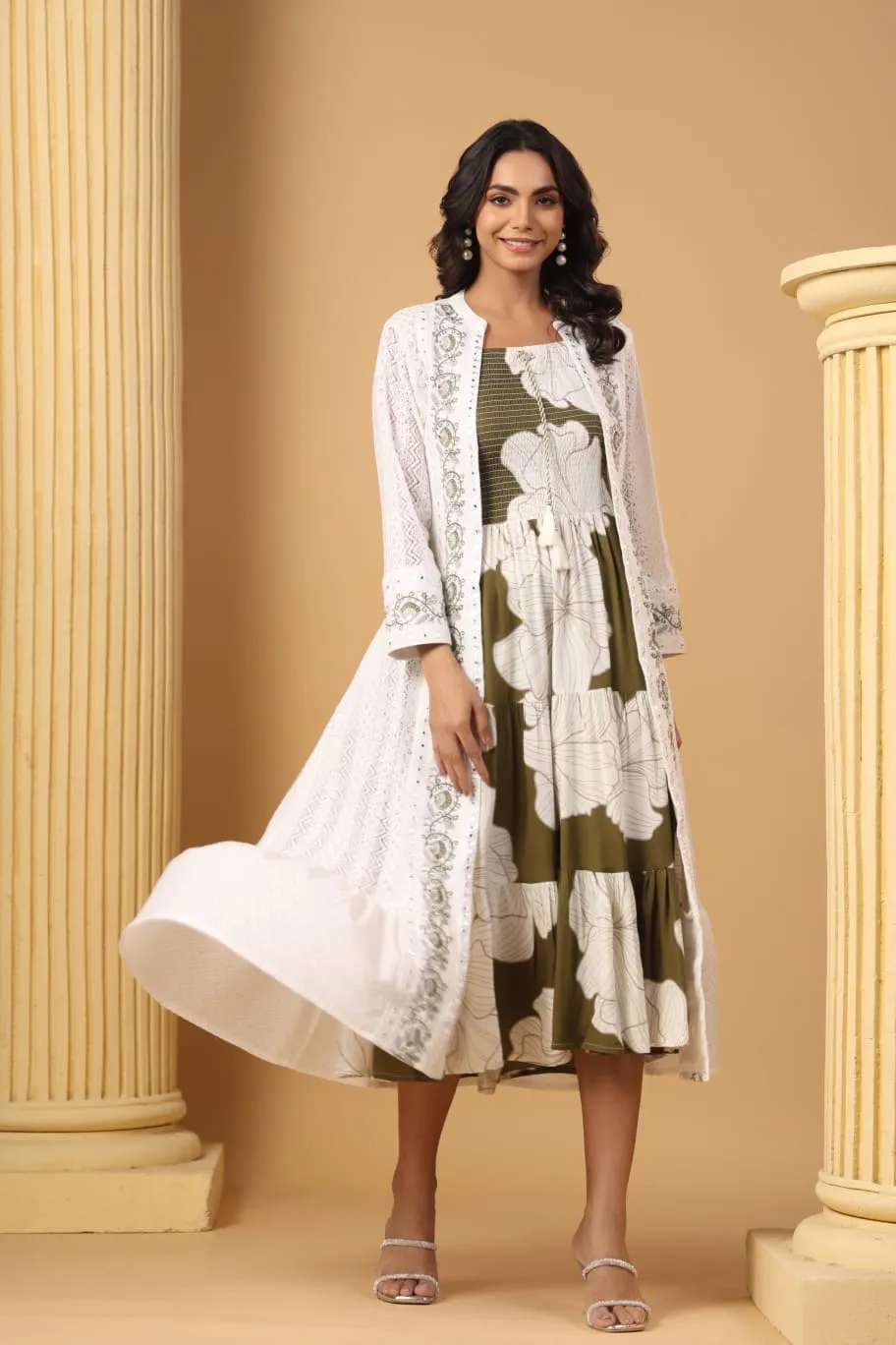 Cotton Floral Sciffili Long Shrug Dress