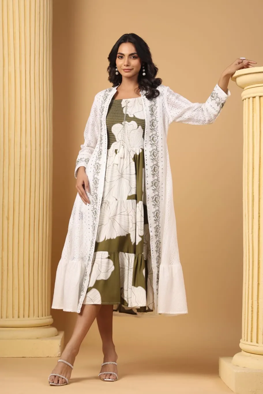 Cotton Floral Sciffili Long Shrug Dress