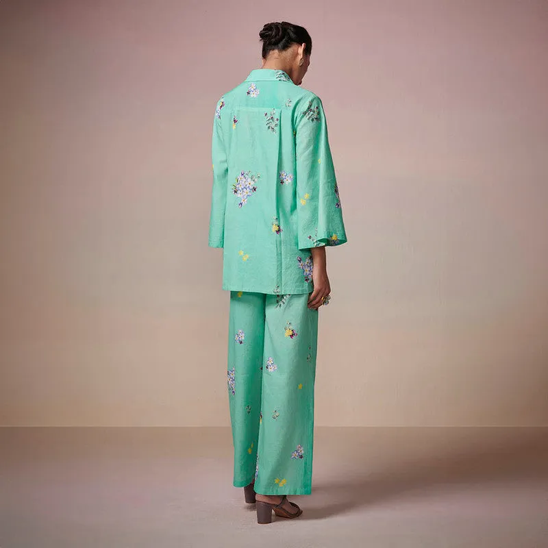 Cotton Linen Short Kurta Set | Green | Printed