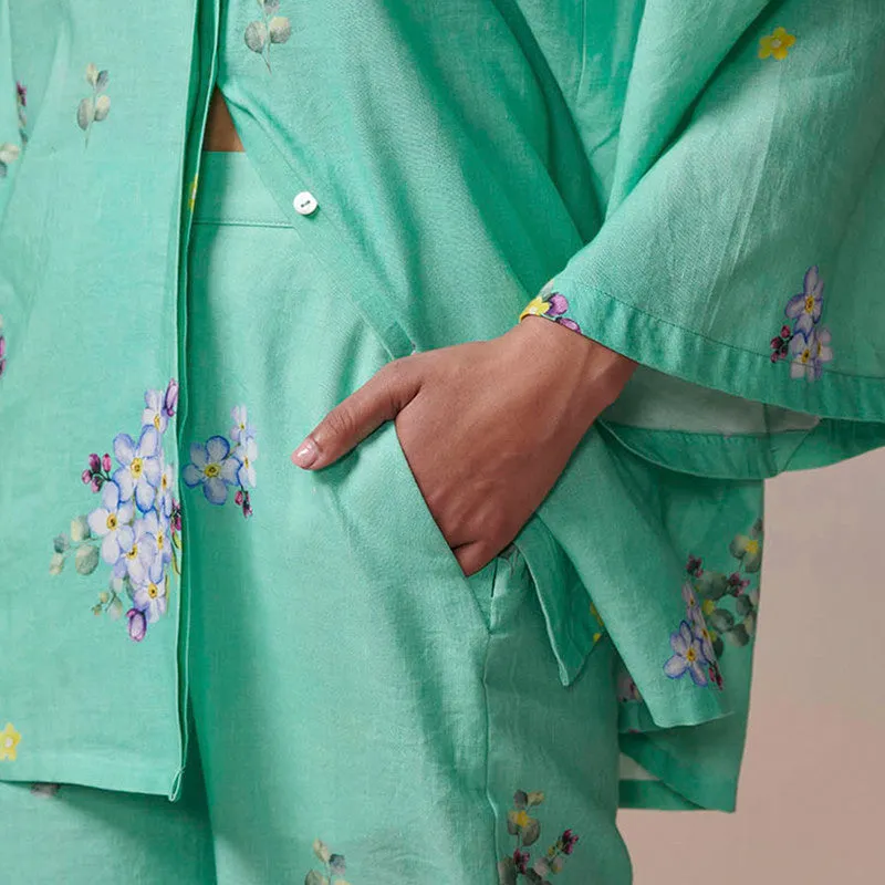 Cotton Linen Short Kurta Set | Green | Printed