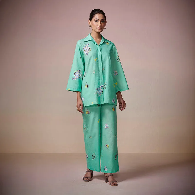 Cotton Linen Short Kurta Set | Green | Printed