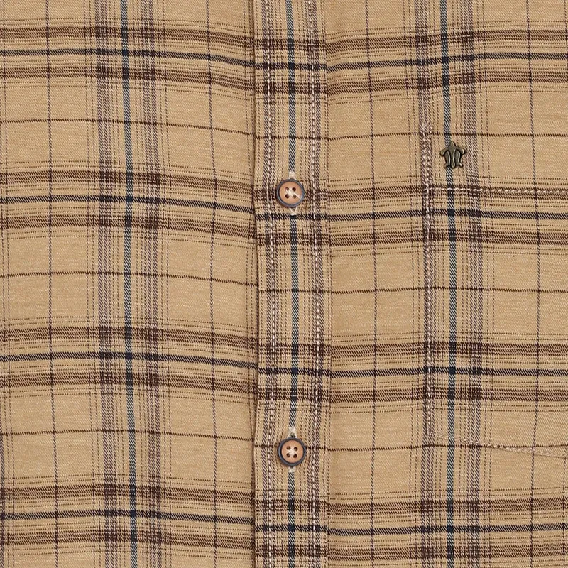 Cotton Melange Khaki Checkered Slim Fit Casual Shirt