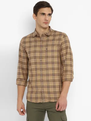Cotton Melange Khaki Checkered Slim Fit Casual Shirt