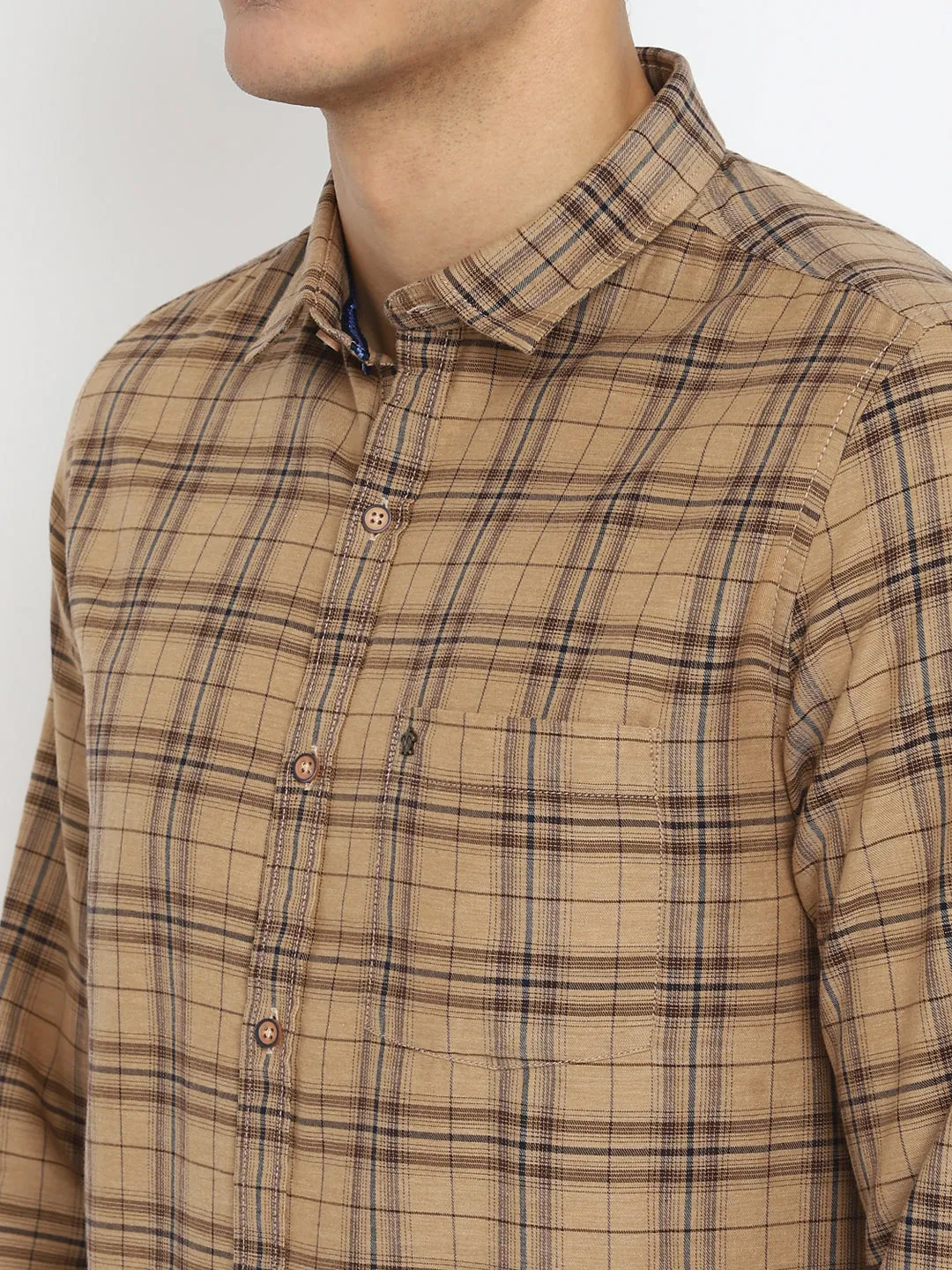 Cotton Melange Khaki Checkered Slim Fit Casual Shirt