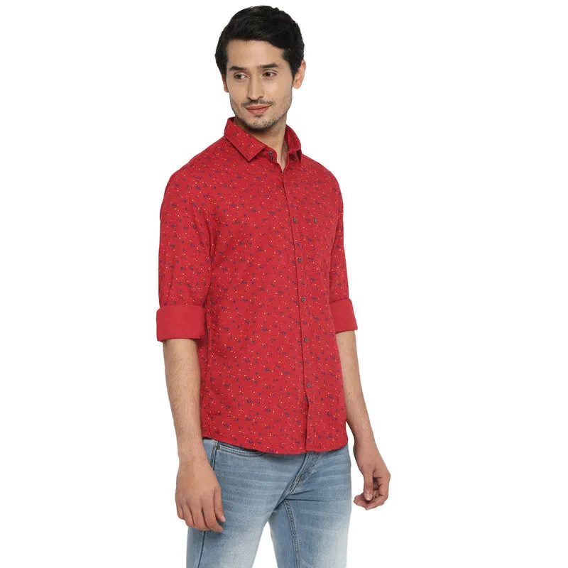 Cotton Red Printed Slim Fit Casual Shirt