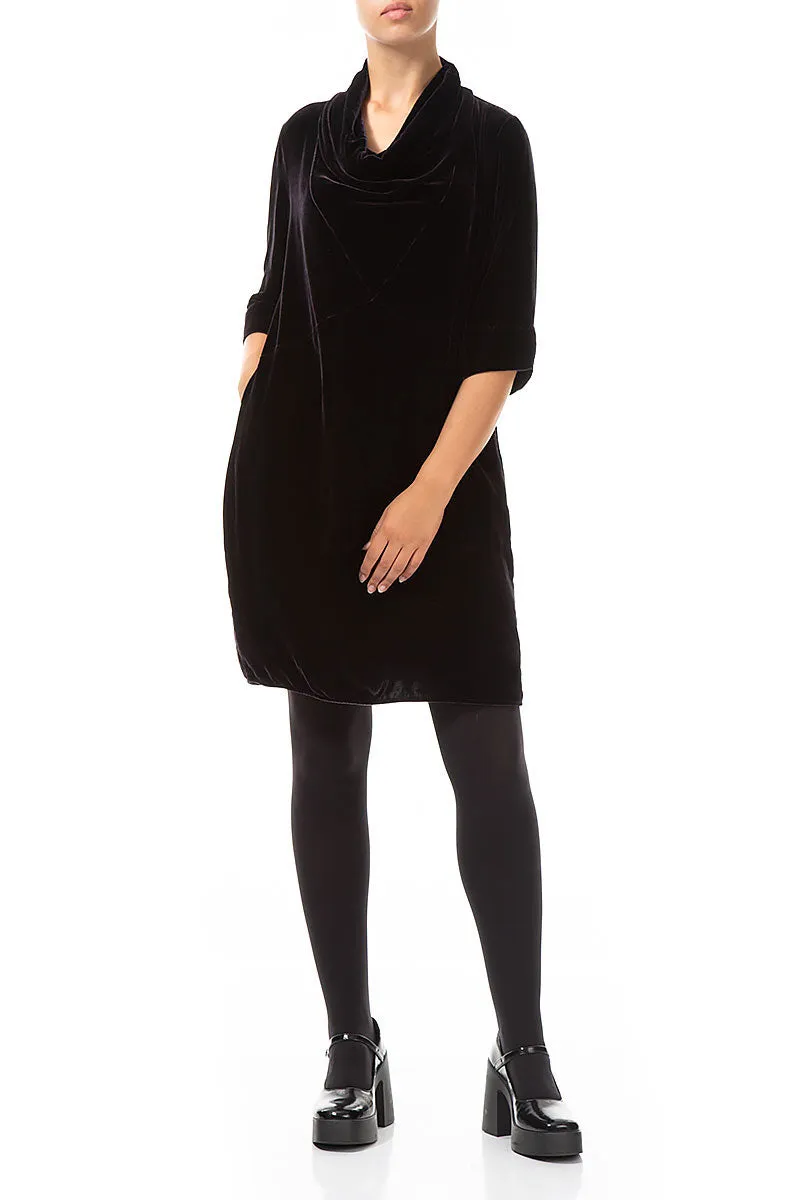 Cowl Neck Storm Grey Silk Velvet Dress