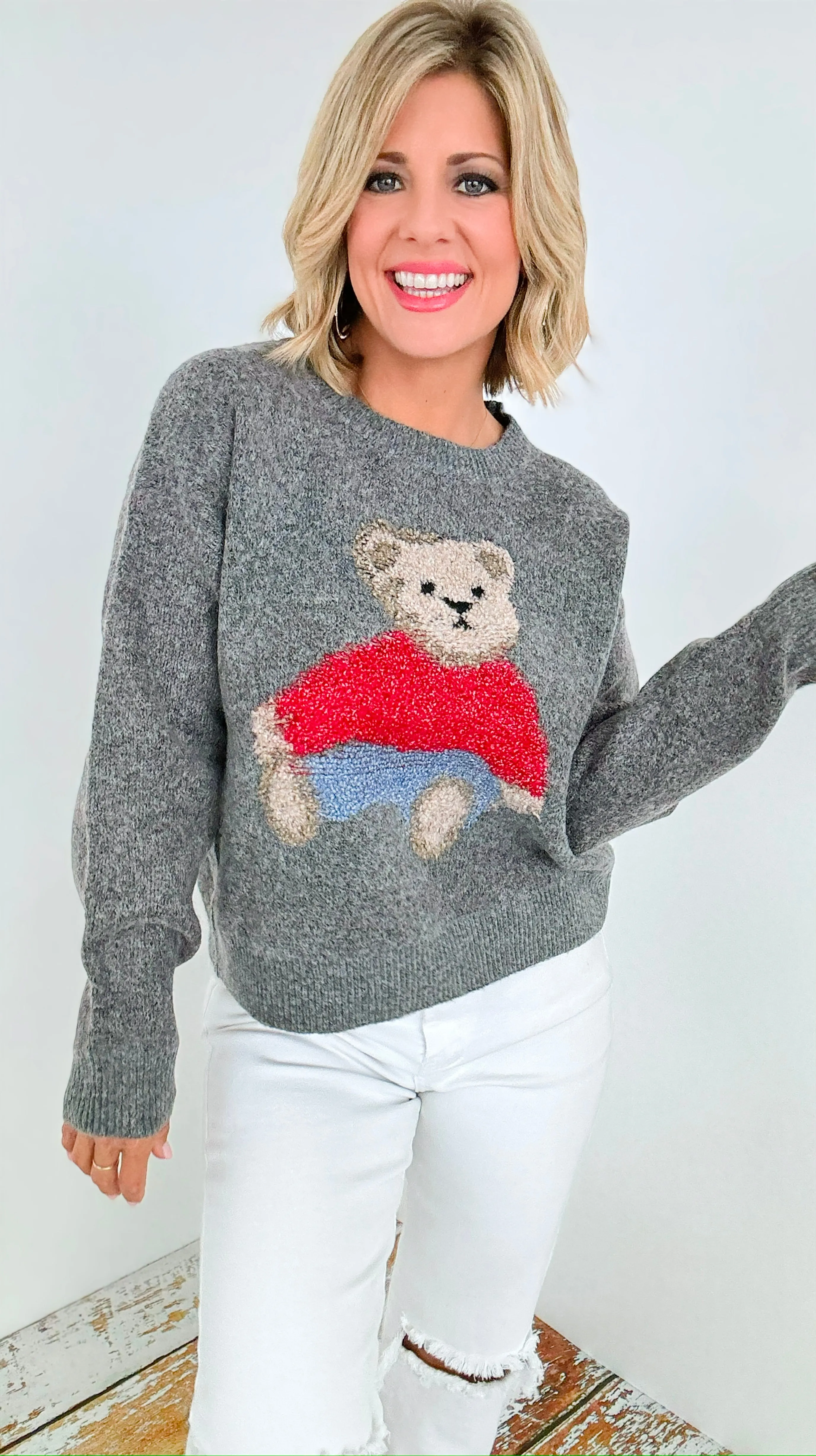 Cozy Bear Knit Sweater - Grey