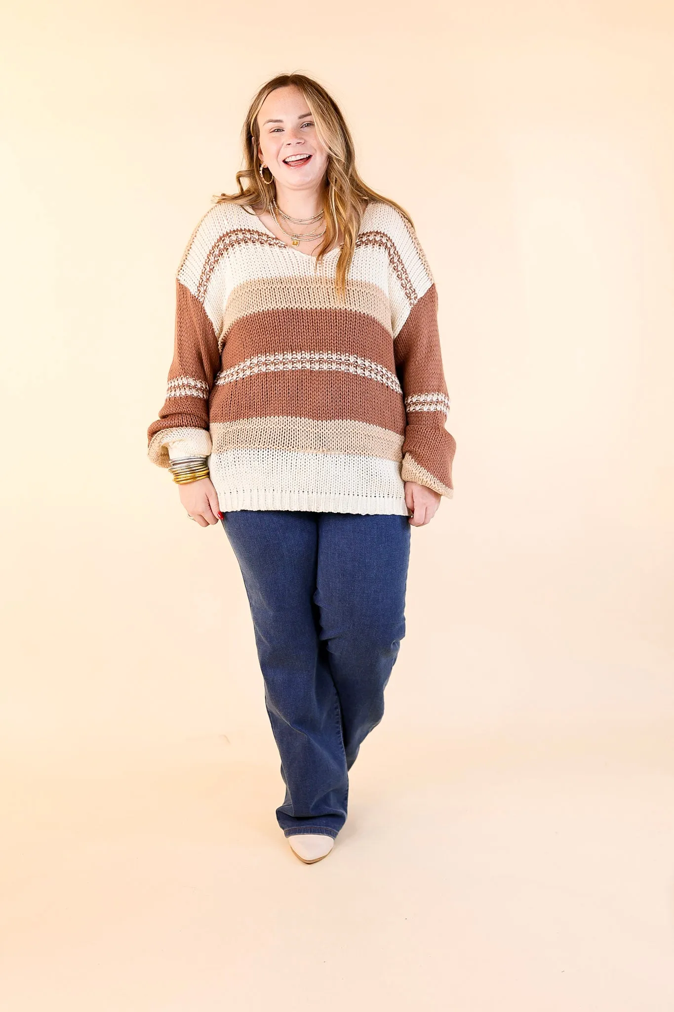 Cozy On Up Long Sleeve Striped Sweater in Brown Mix