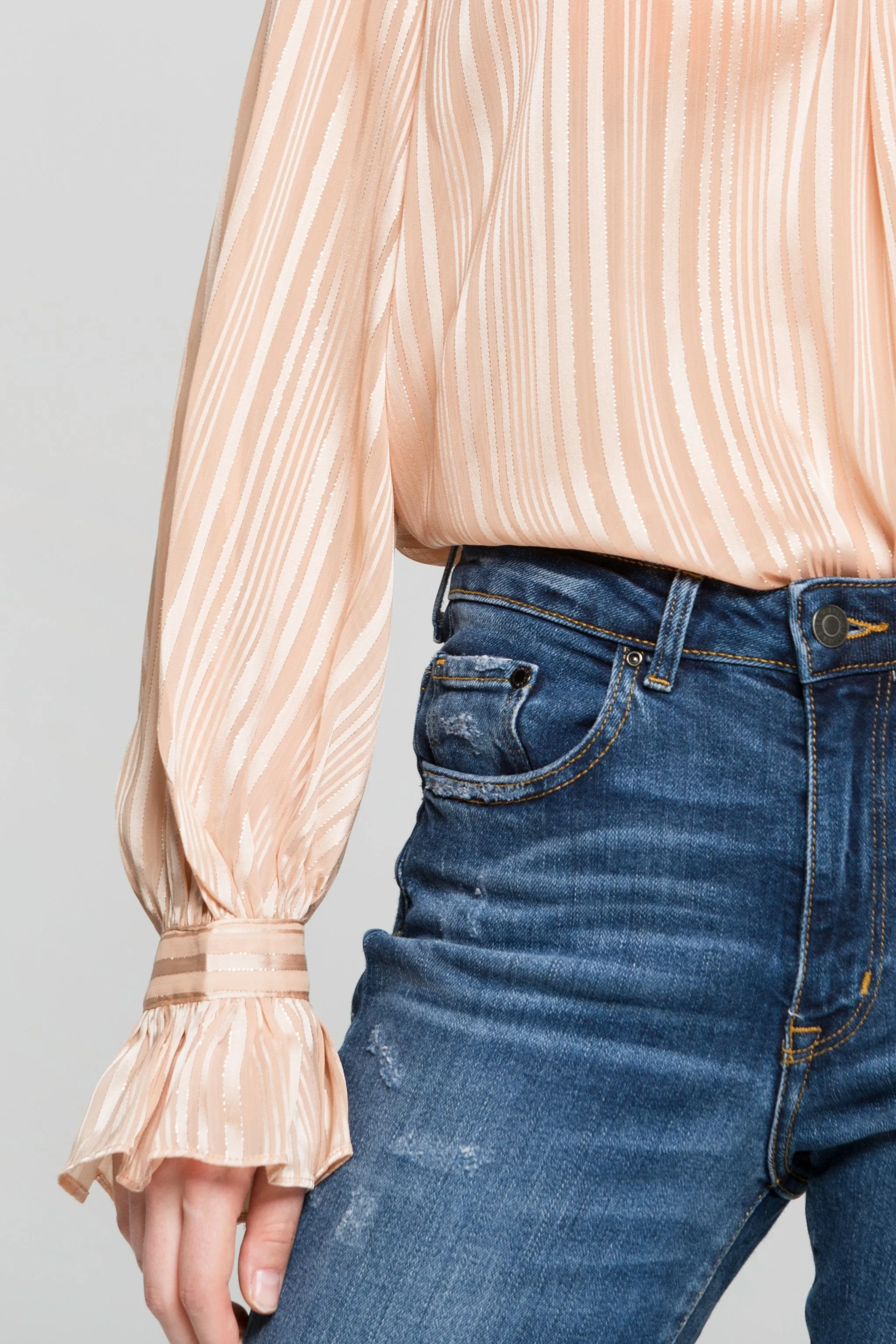 Cream Gold Iridescent Striped Flounced Sleeves and Neck Top