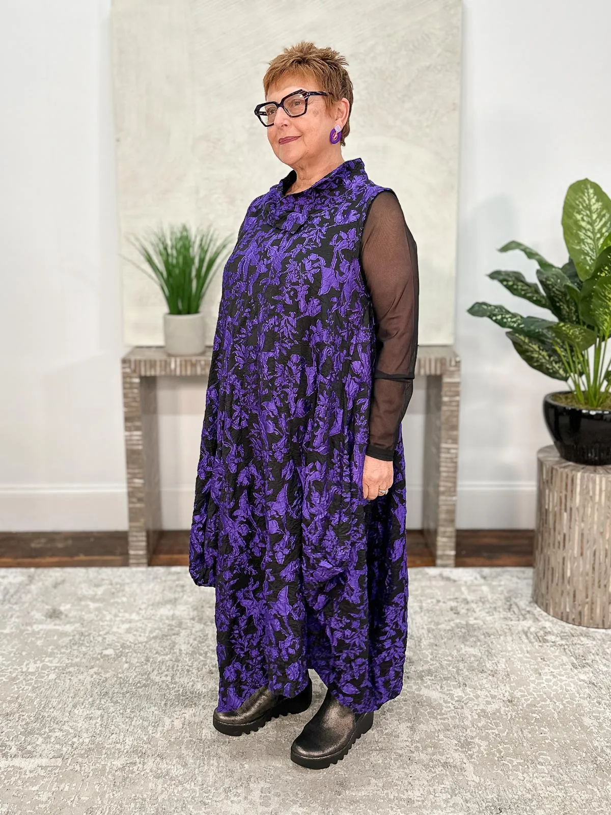 Criss Cross Sleeveless Glamour Dress, Black Purple Floral Crush