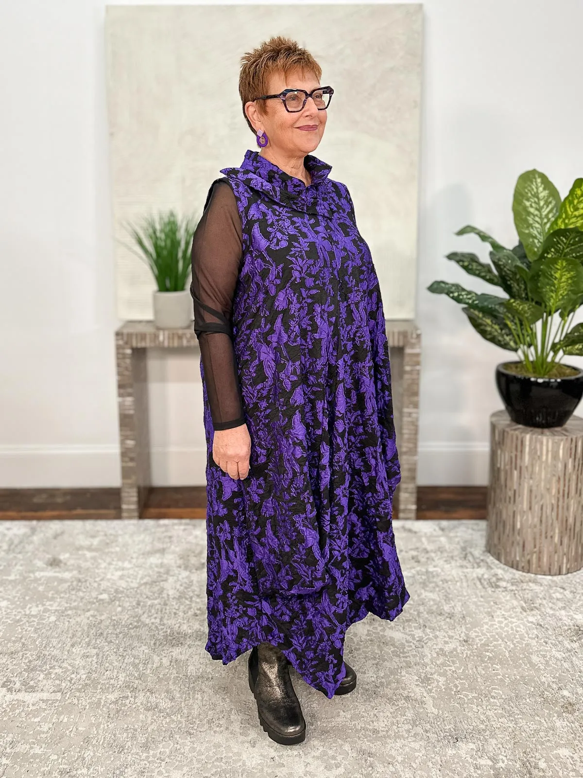 Criss Cross Sleeveless Glamour Dress, Black Purple Floral Crush