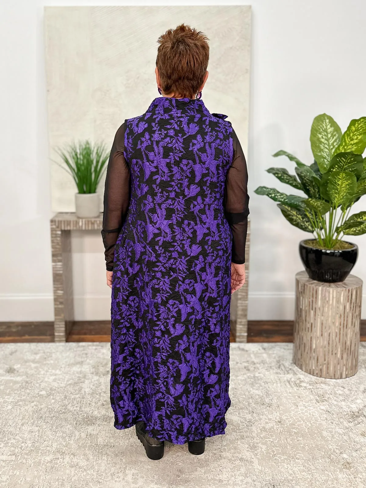 Criss Cross Sleeveless Glamour Dress, Black Purple Floral Crush