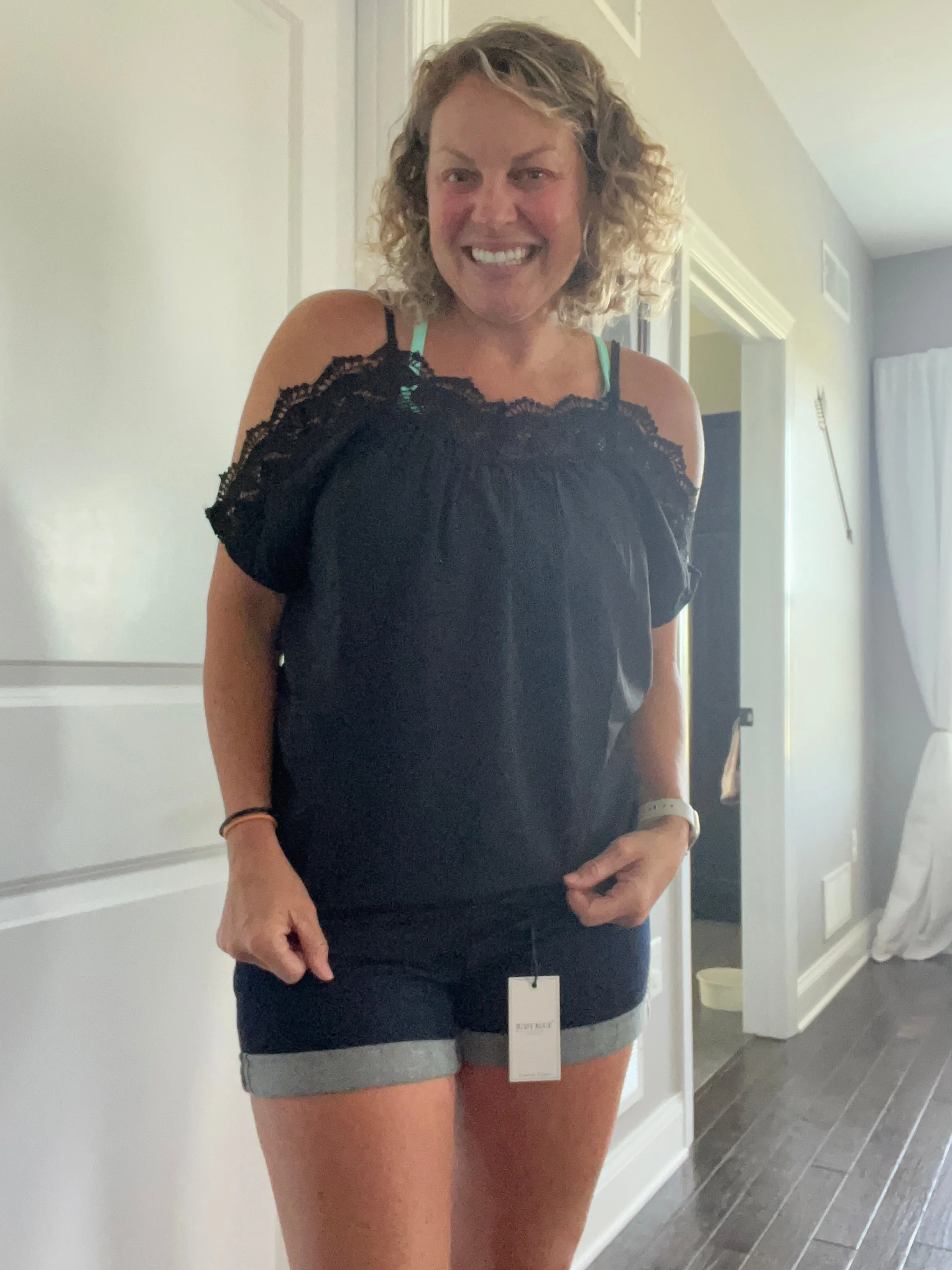 Crochet neckline cold shoulder top