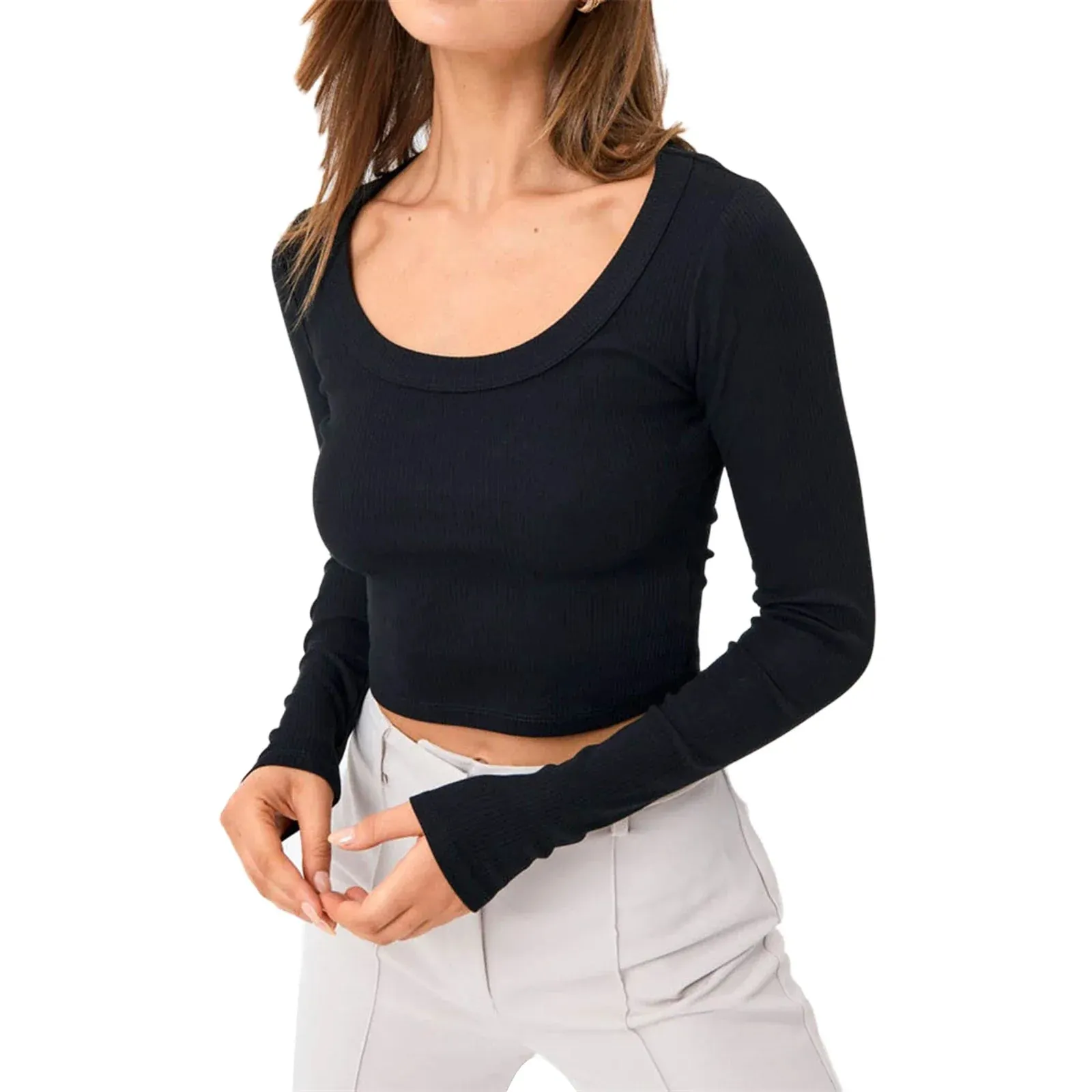 Crop Tee Long Sleeve Sexy Crew Neck Fitted Midriff-Baring Basic T-shirt
