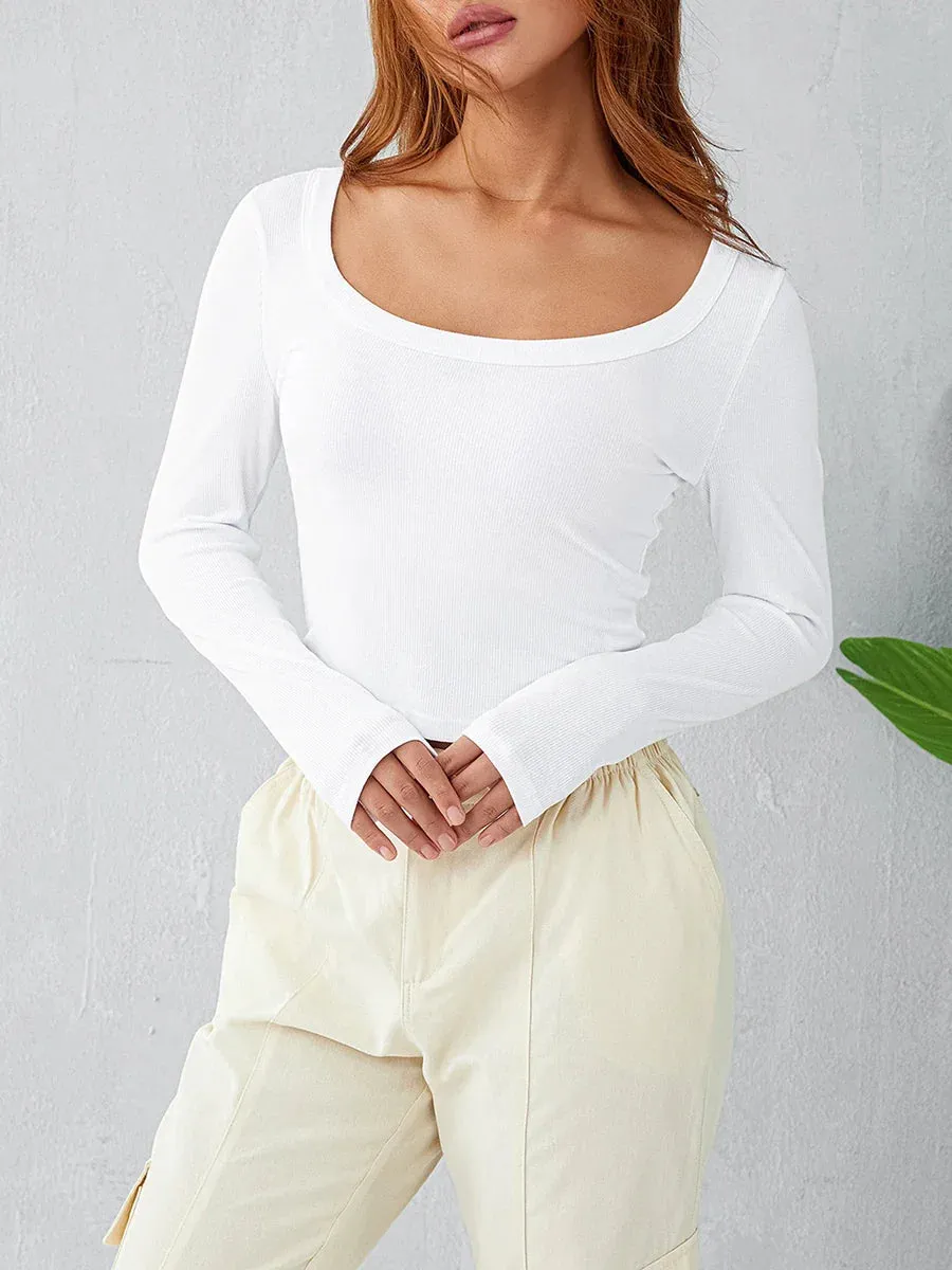 Crop Tee Long Sleeve Sexy Crew Neck Fitted Midriff-Baring Basic T-shirt