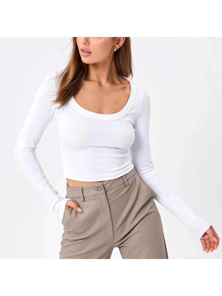 Crop Tee Long Sleeve Sexy Crew Neck Fitted Midriff-Baring Basic T-shirt