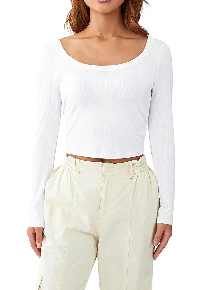 Crop Tee Long Sleeve Sexy Crew Neck Fitted Midriff-Baring Basic T-shirt
