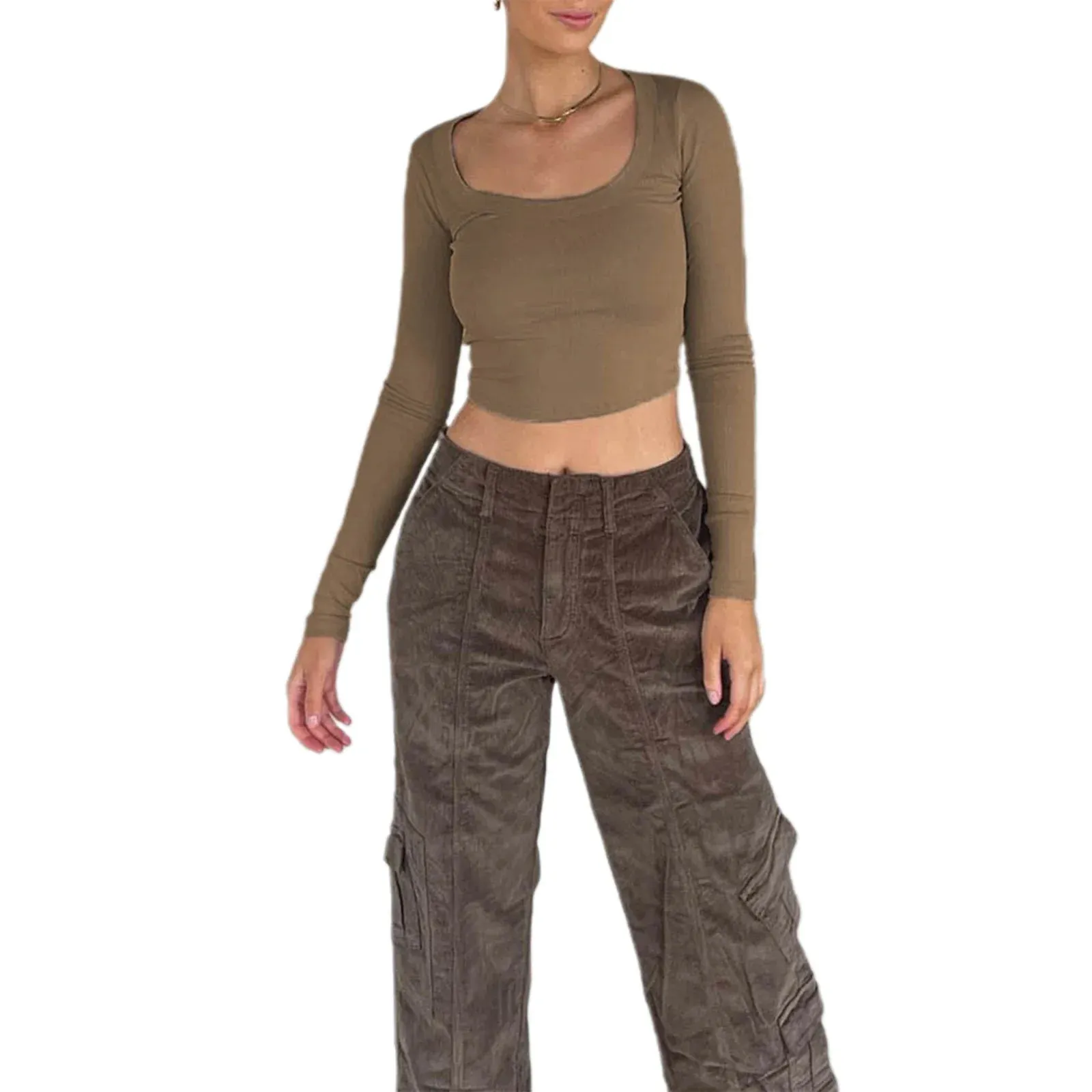Crop Tee Long Sleeve Sexy Crew Neck Fitted Midriff-Baring Basic T-shirt