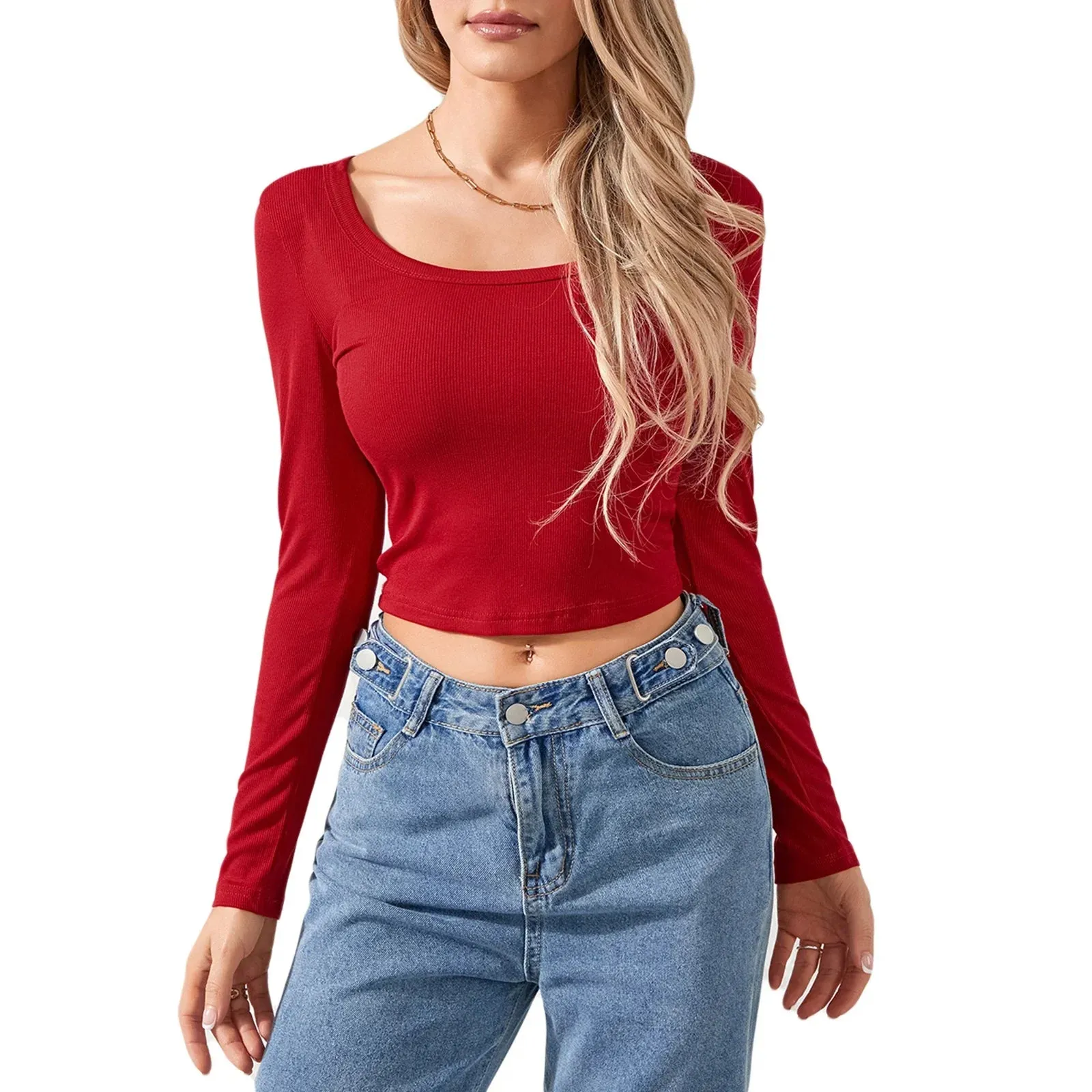 Crop Tee Long Sleeve Sexy Crew Neck Fitted Midriff-Baring Basic T-shirt