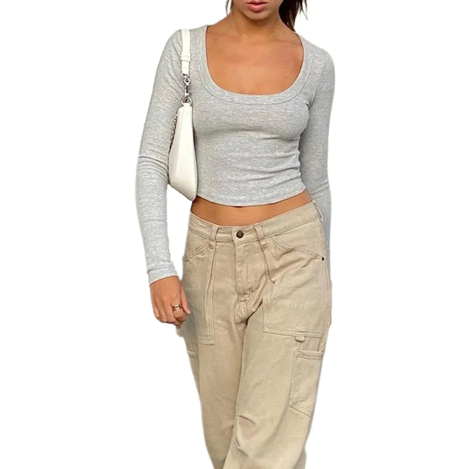 Crop Tee Long Sleeve Sexy Crew Neck Fitted Midriff-Baring Basic T-shirt