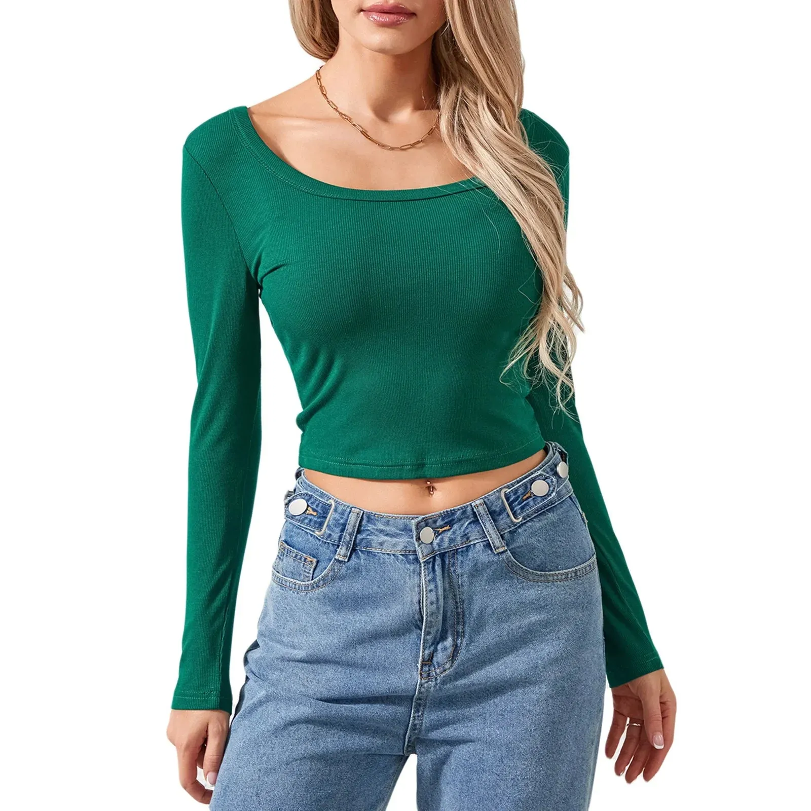 Crop Tee Long Sleeve Sexy Crew Neck Fitted Midriff-Baring Basic T-shirt