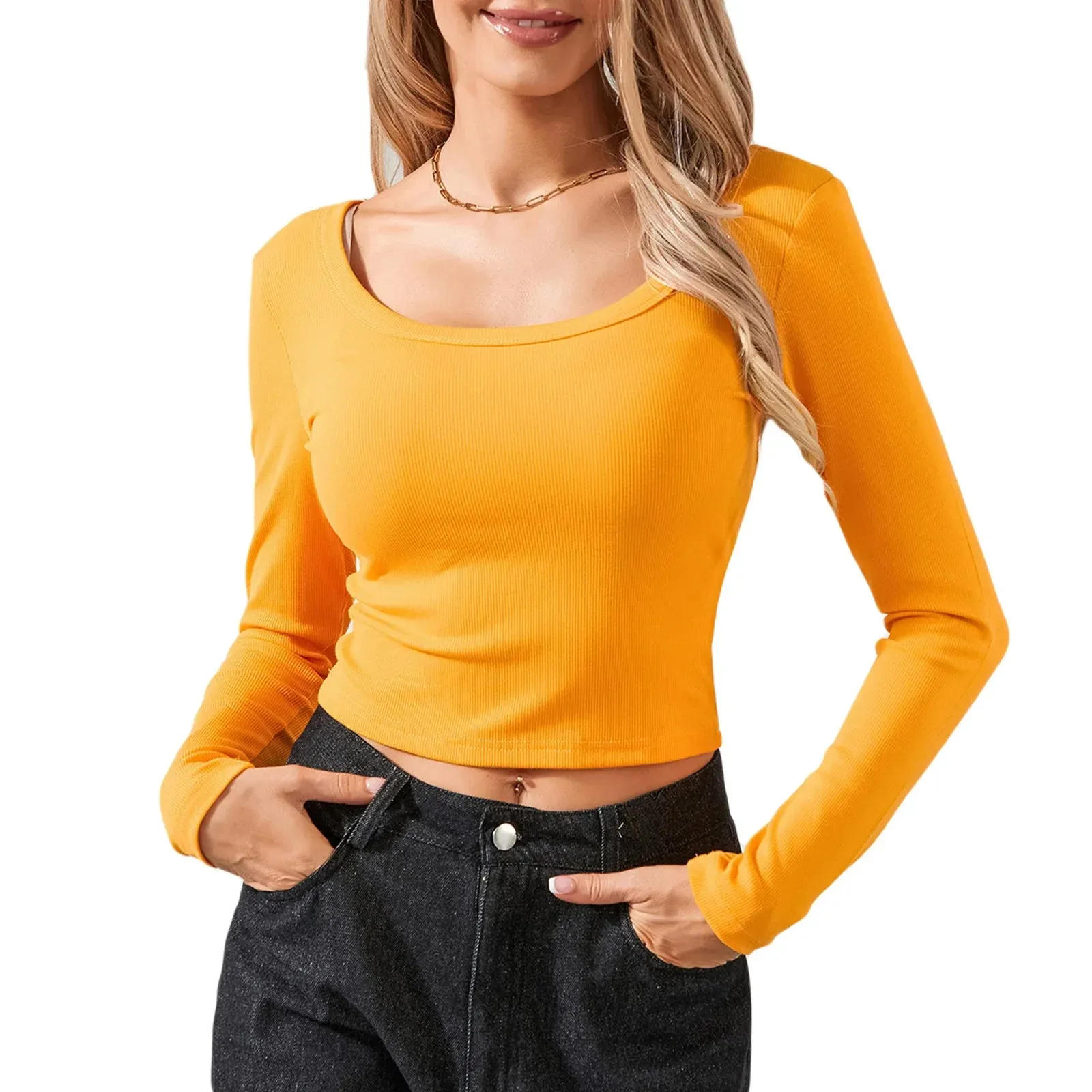 Crop Tee Long Sleeve Sexy Crew Neck Fitted Midriff-Baring Basic T-shirt