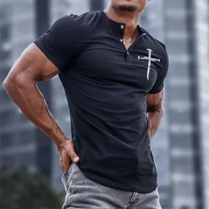 CROSS STRIPED HENLY COLLAR GRAPHIC TEE