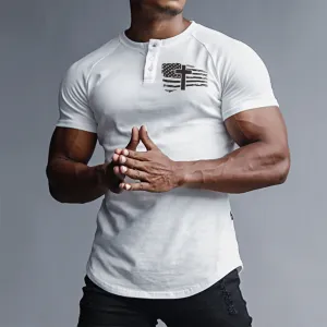 CROSS USA FLAG DOUBLE SIDED MILK FLEECE HENLY NECK RAGLAN GRAPHIC TEE