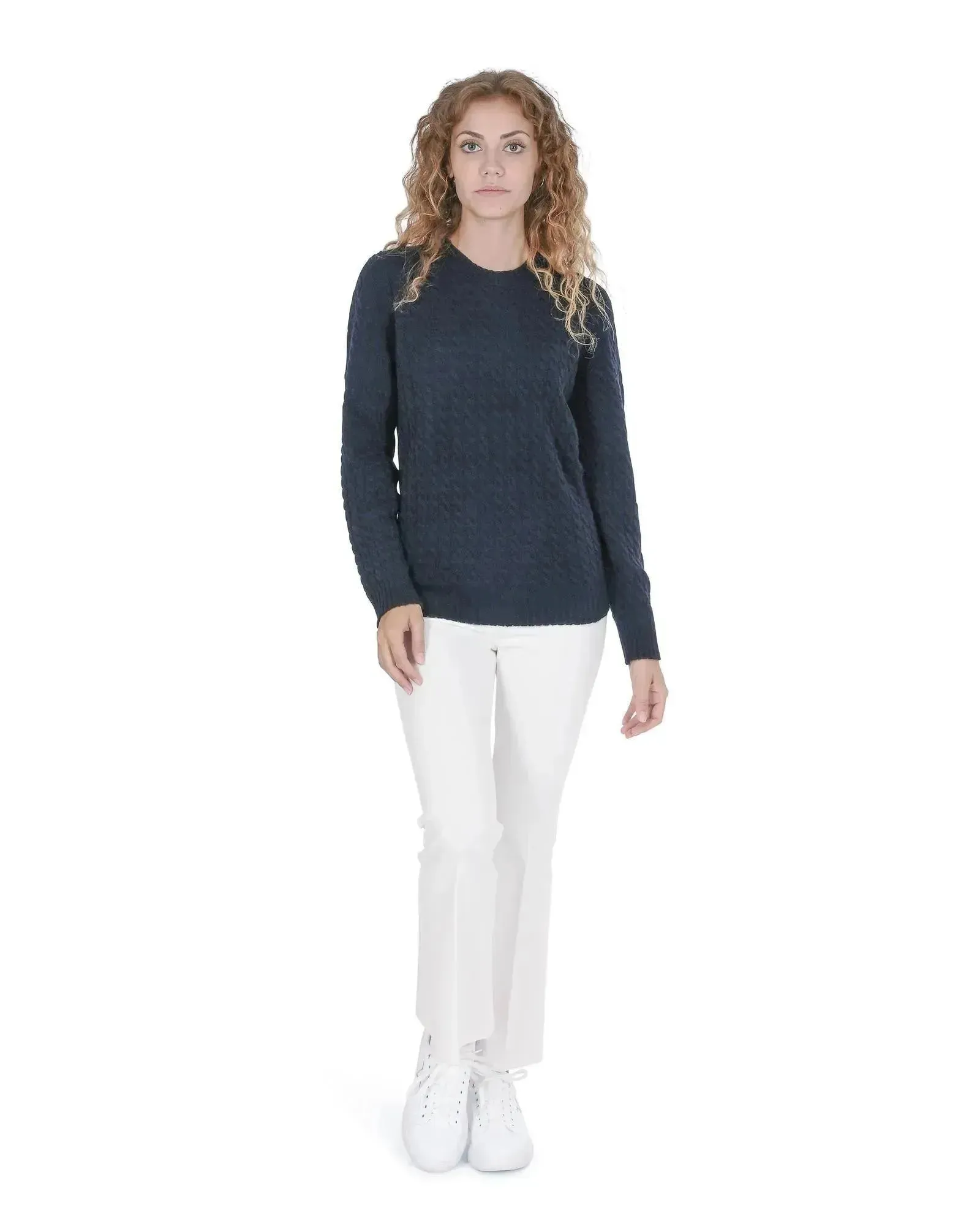 Crown of Edinburgh Cashmere Women's Cashmere Round Neck Women Sweater in Navy blue - 46 EU