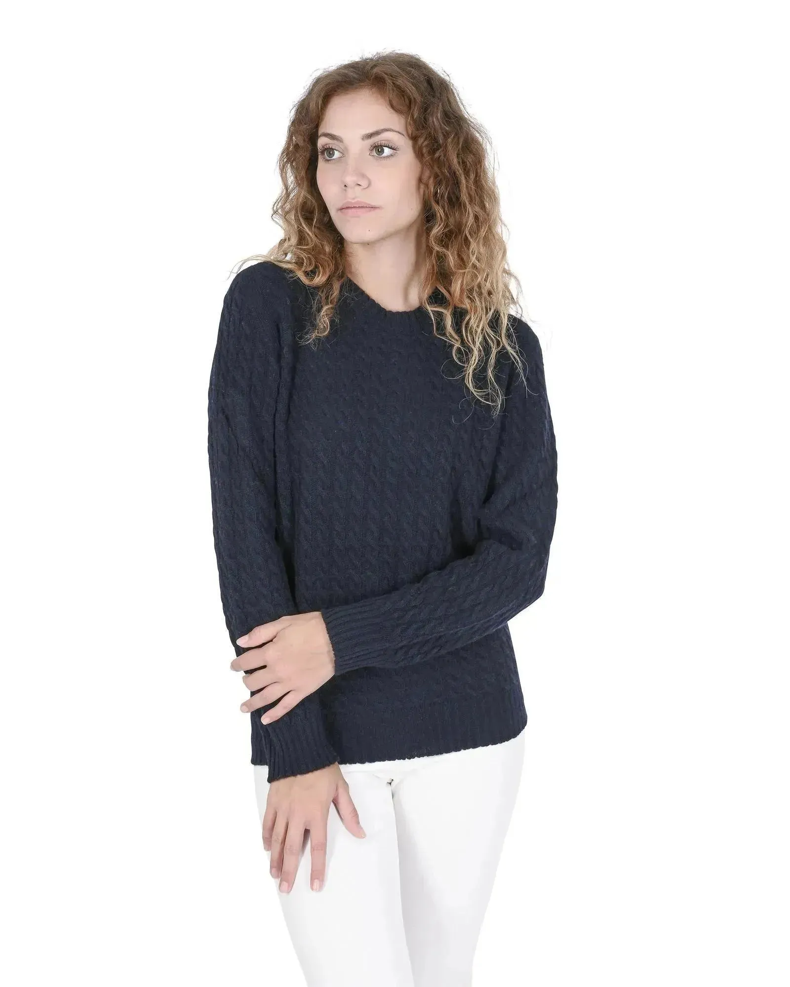 Crown of Edinburgh Cashmere Women's Cashmere Round Neck Women Sweater in Navy blue - 46 EU