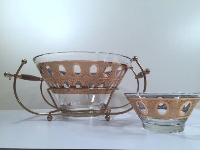 Culver Mid-Century 22-Karat Gold & Green Pisa Bowls and Carrier (Set of 2 Bowls with Carrier)