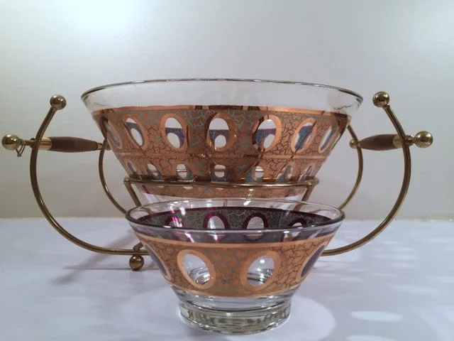 Culver Mid-Century 22-Karat Gold & Green Pisa Bowls and Carrier (Set of 2 Bowls with Carrier)