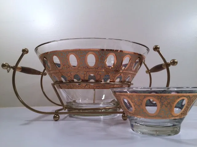 Culver Mid-Century 22-Karat Gold & Green Pisa Bowls and Carrier (Set of 2 Bowls with Carrier)