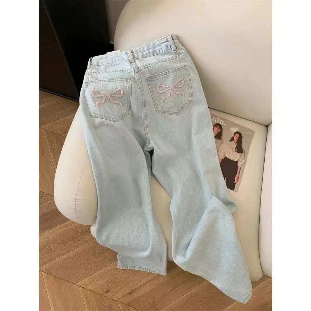 Cute Bow Accent Wide-Leg Jeans